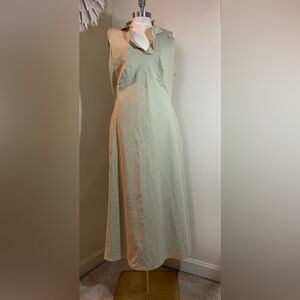 Fusion Sage Green Sleeveless Midi Silk Linen Sundress 14